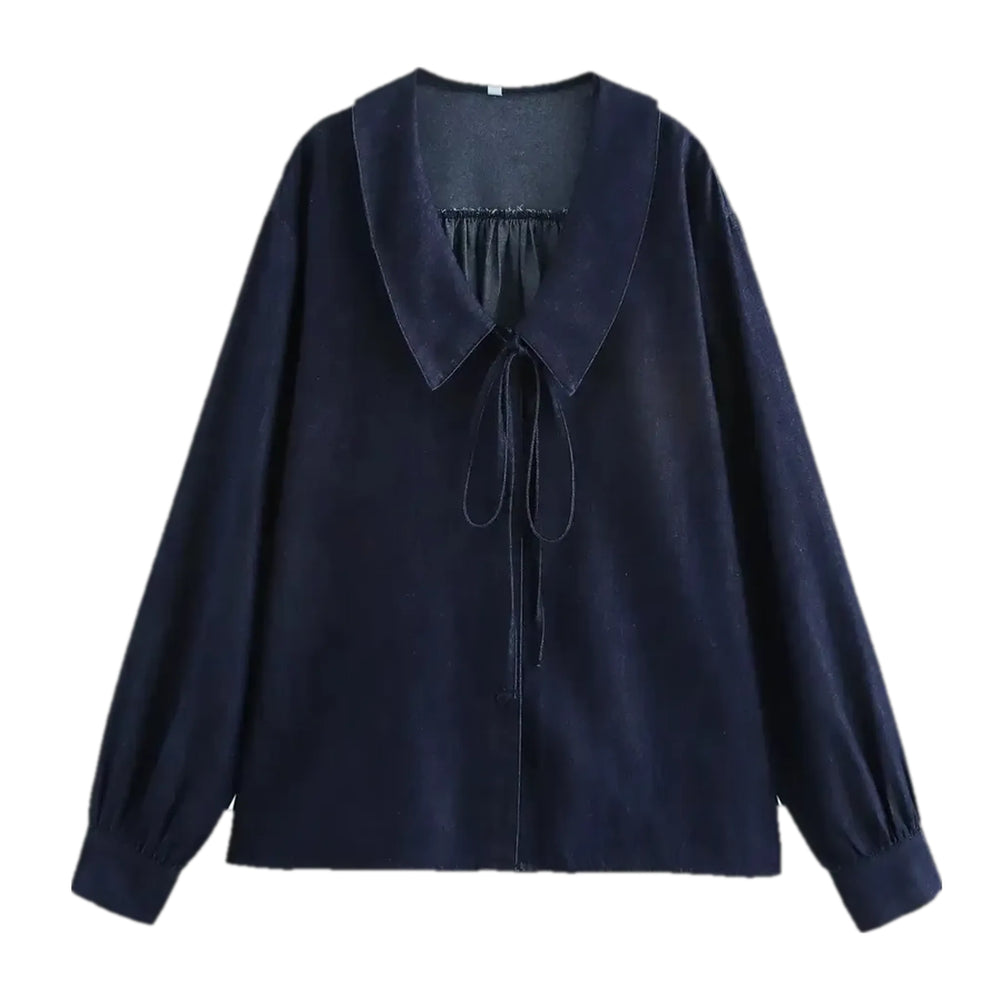 Tie Front Collar Denim Shirt for Ladies - Dark Blue