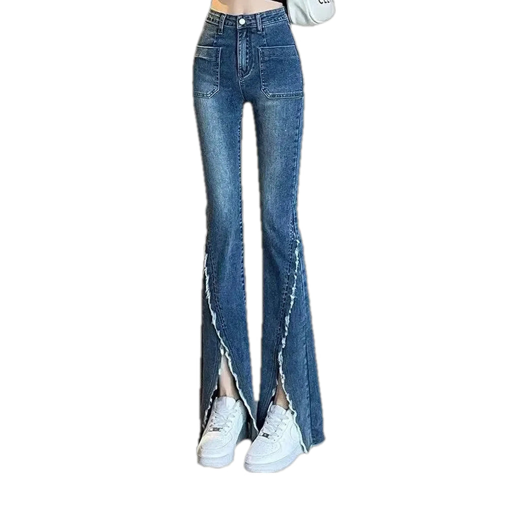 Boot-flare High-rise Tassel Jeans for Ladies - Blue