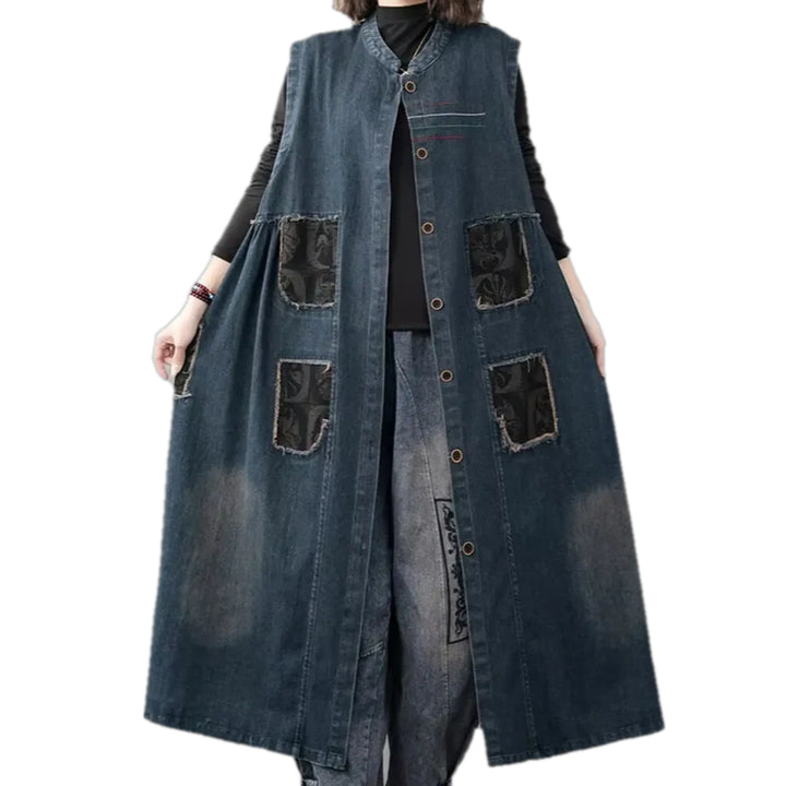 Trendy Floral Patchwork Boho Women's Jeans Vest - Dark Blue