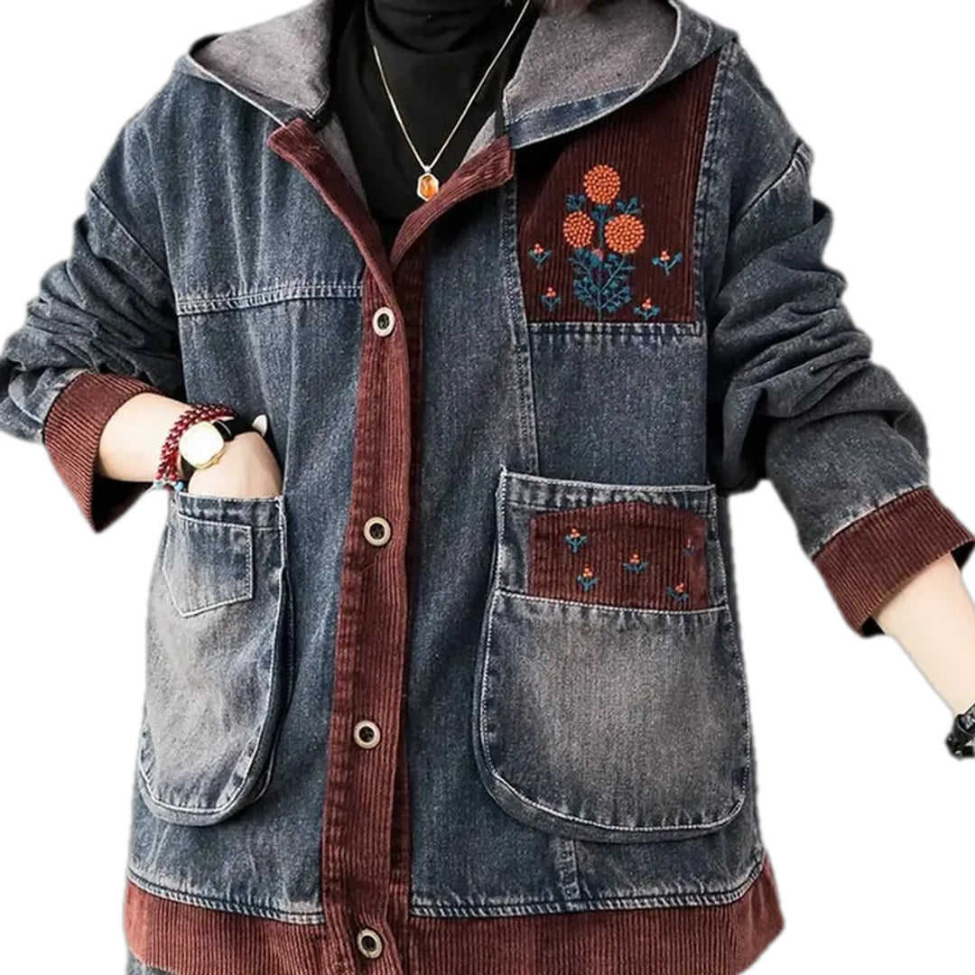 Embroidered Oversized Denim Jacket for Ladies - Blue