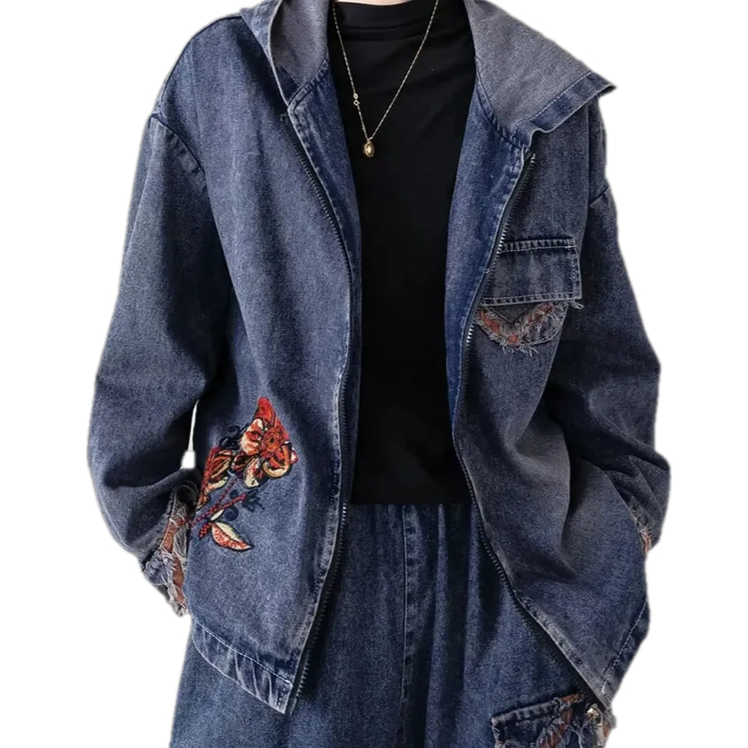 Botanical Embroidered Women's Jean Jacket - Blue