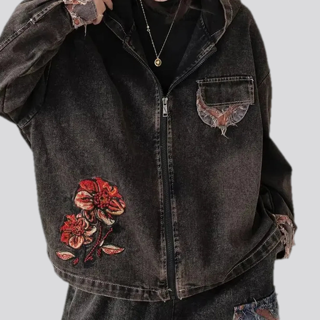 Botanical embroidered women's jean jacket