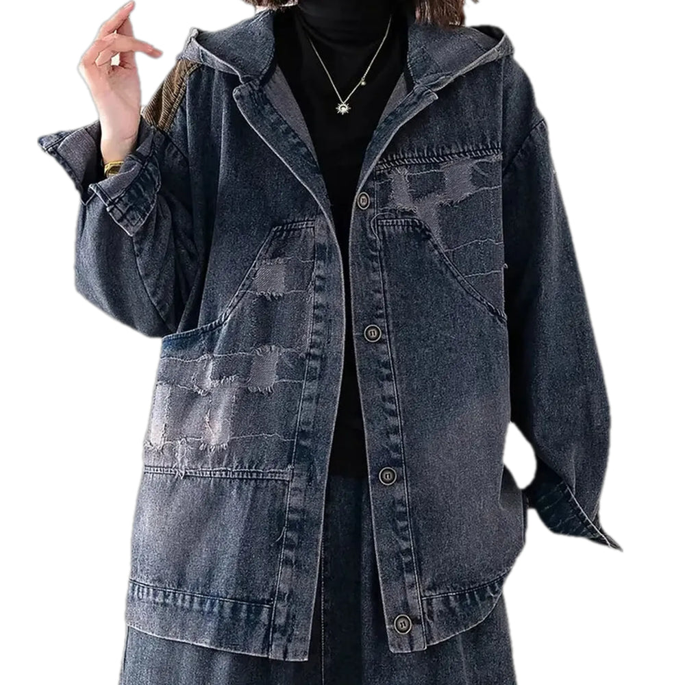 Fashionable Medium Fit Boho Women's Jeans Jacket - Blue