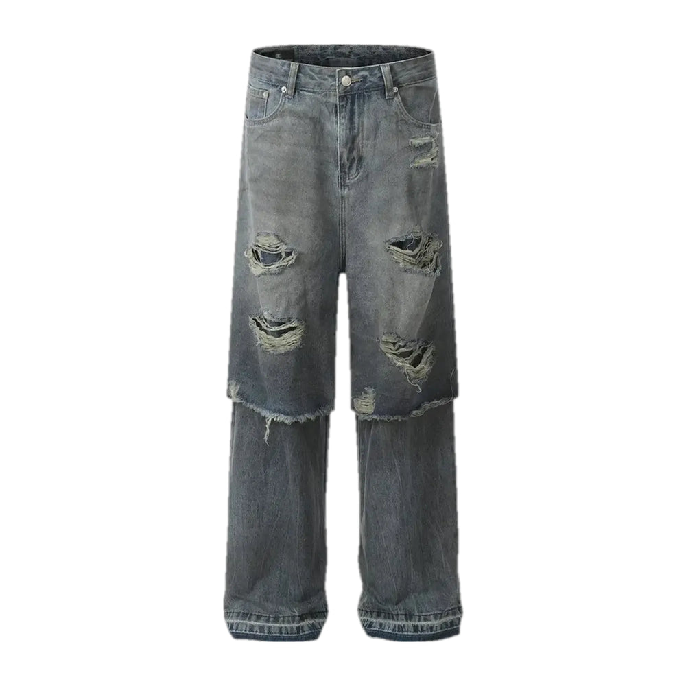 Ripped Mid-rise Grunge Men's Jeans - Grey