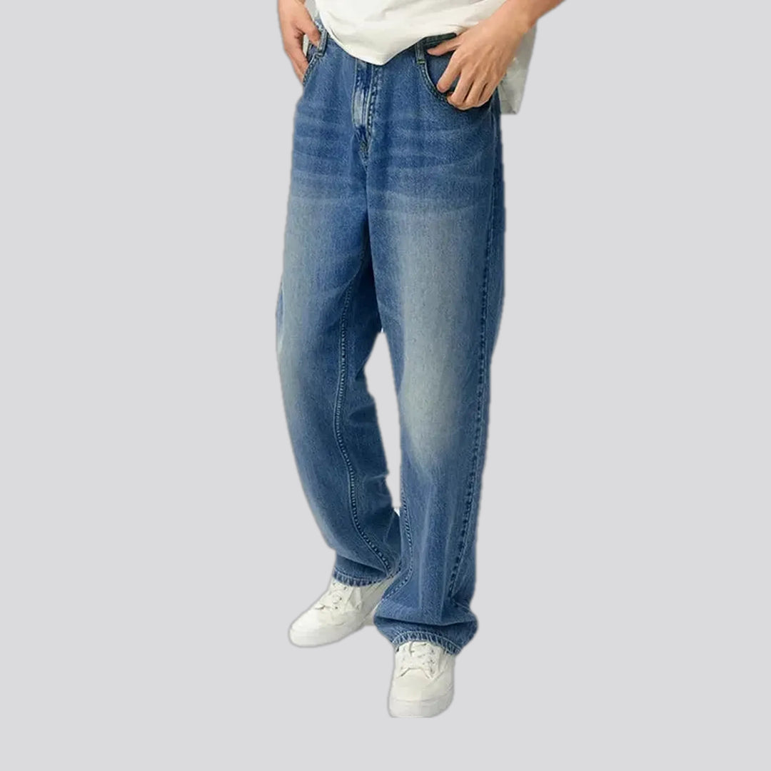 Fashionable whiskered straight fit men's jeans