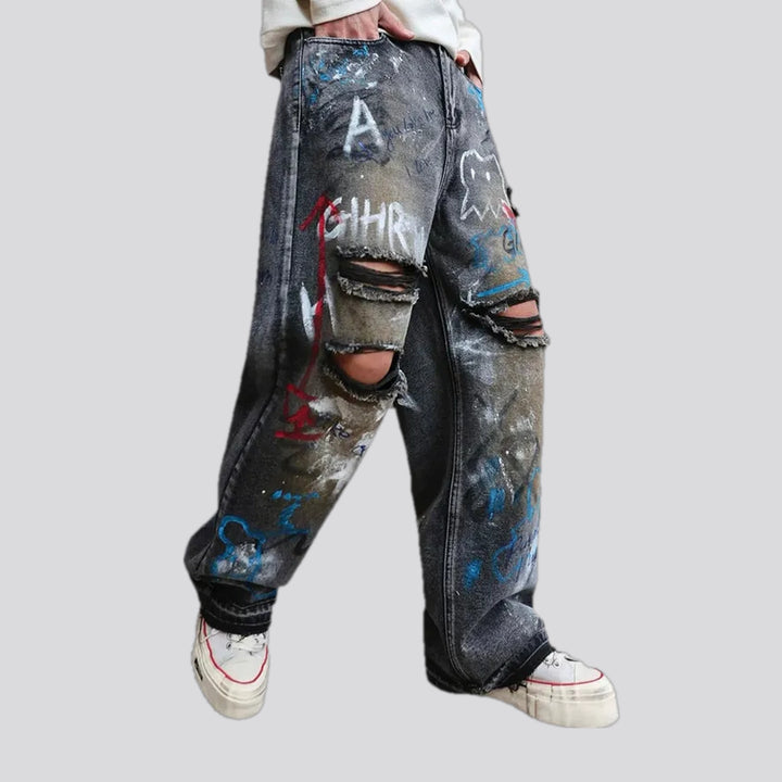 Artistic painted baggy men's jeans