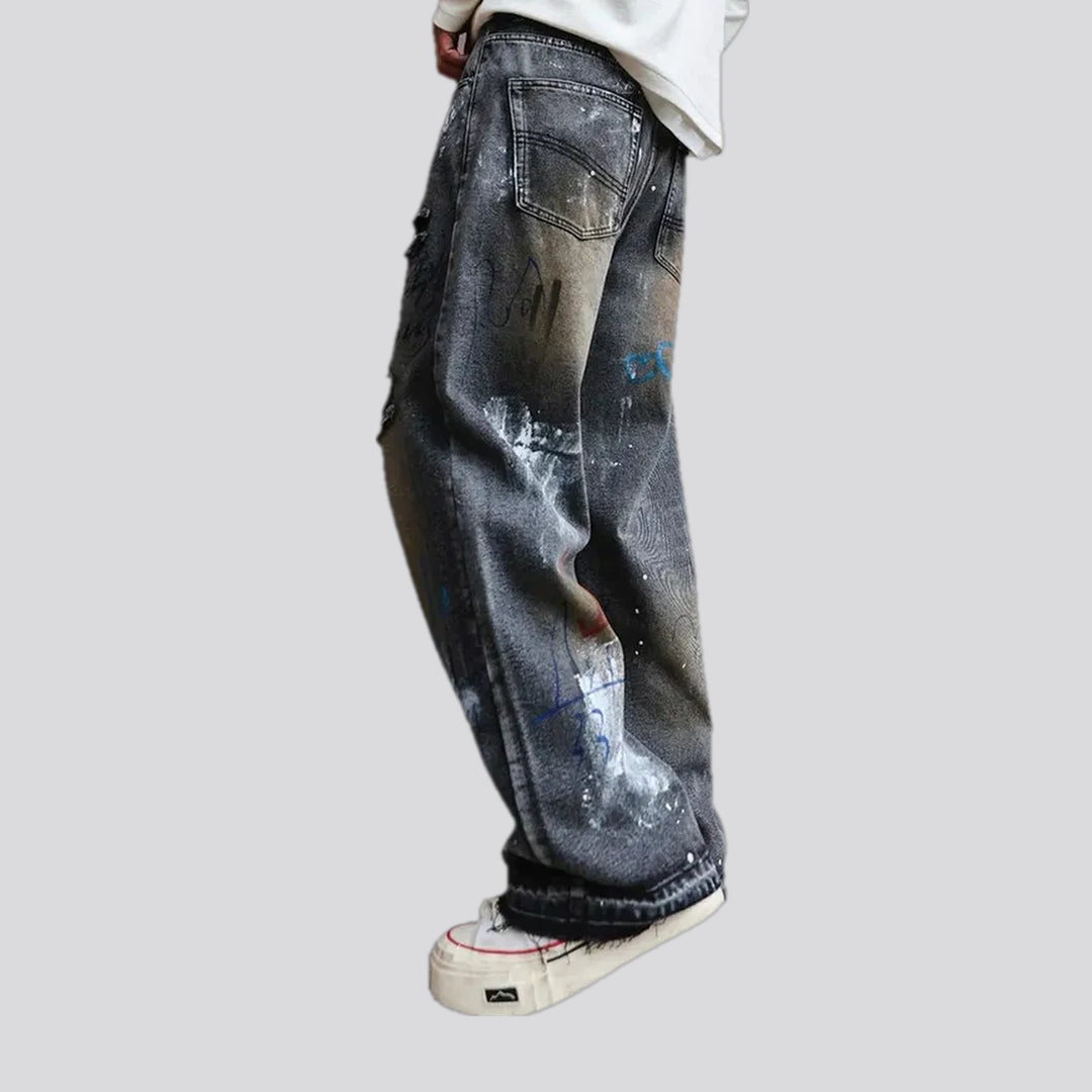 Artistic painted baggy men's jeans