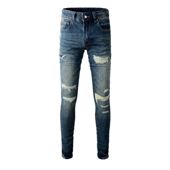 Distressed Elastic Men's Jeans - Blue