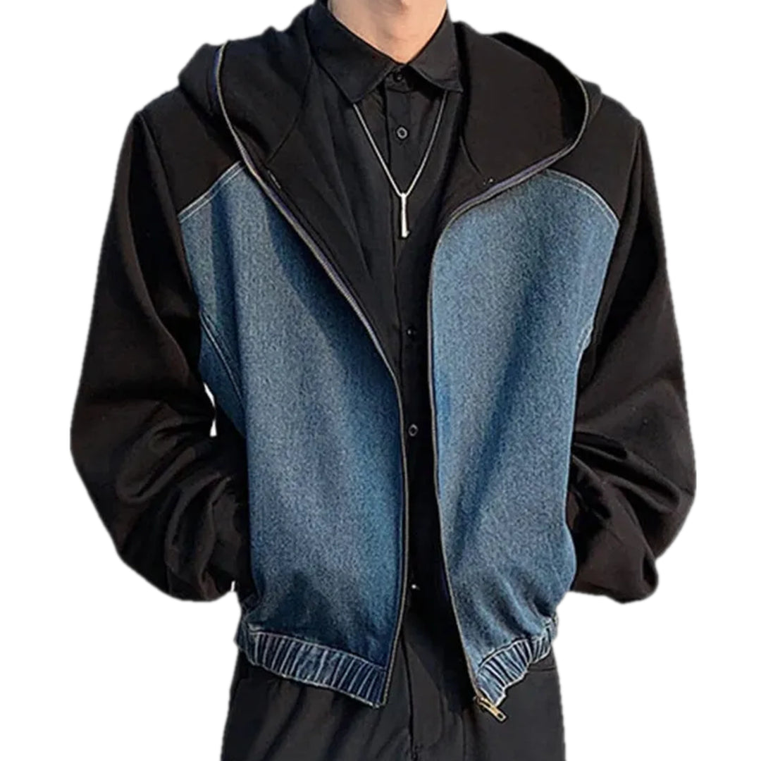 Regular Fit Rubber Hem Men's Denim Bomber Jacket - Black