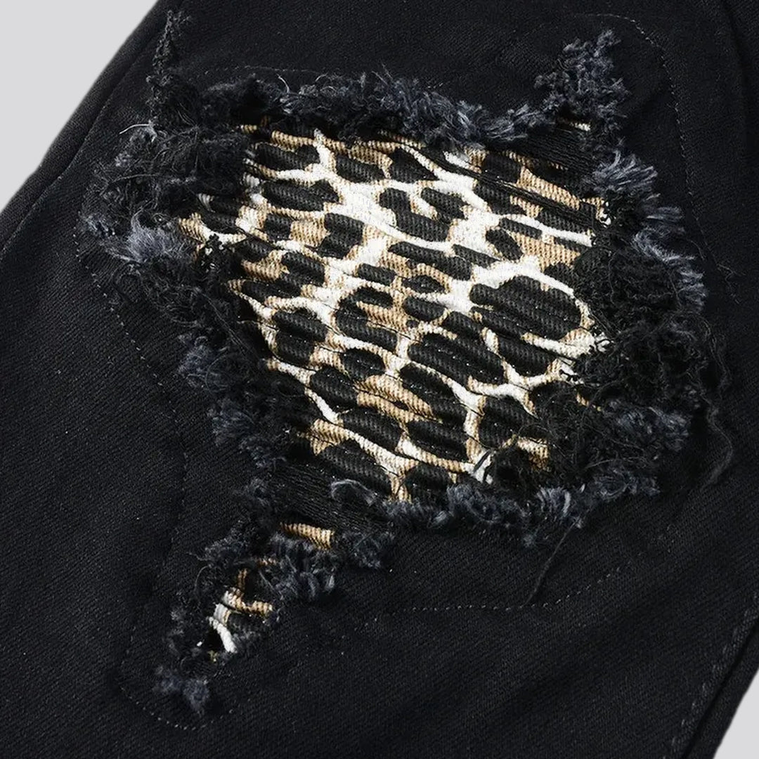 Mid rise biker style leopard moto men's jeans