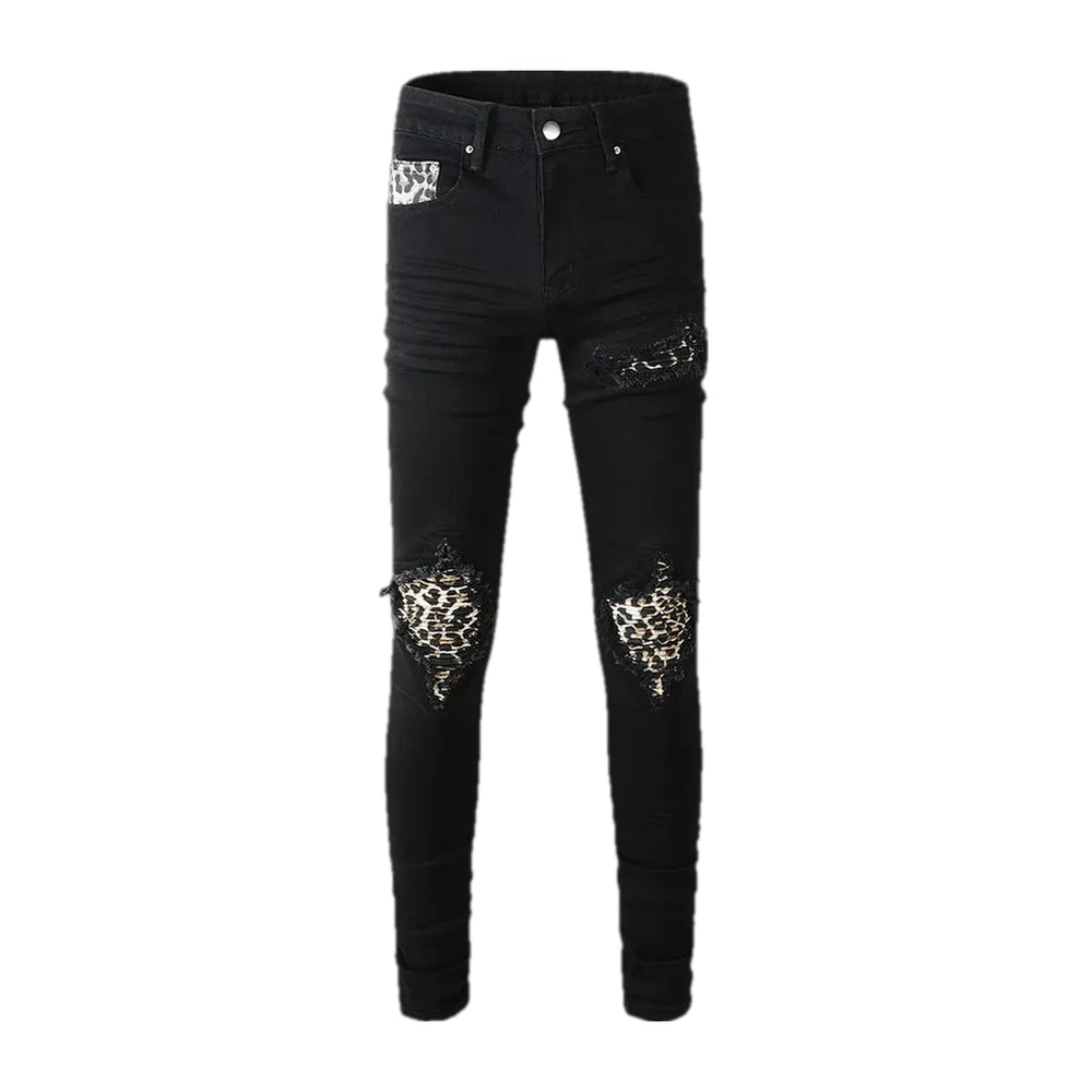 Mid Rise Biker Style Leopard Moto Men's Jeans - Black