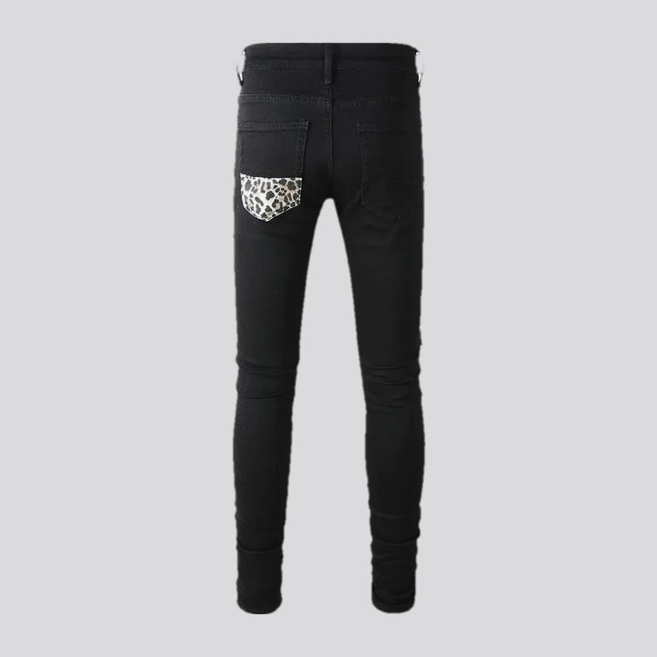 Mid rise biker style leopard moto men's jeans