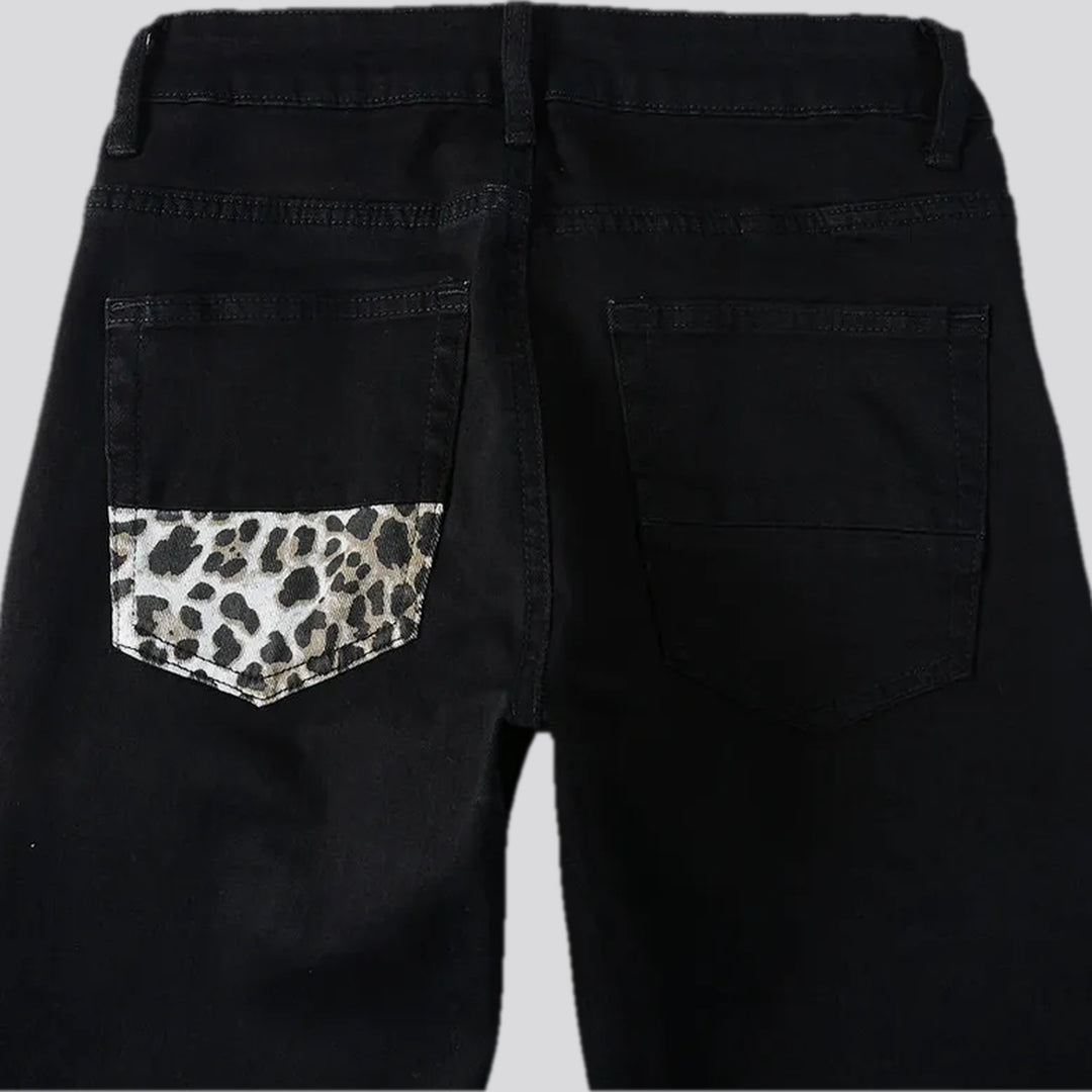 Mid rise biker style leopard moto men's jeans