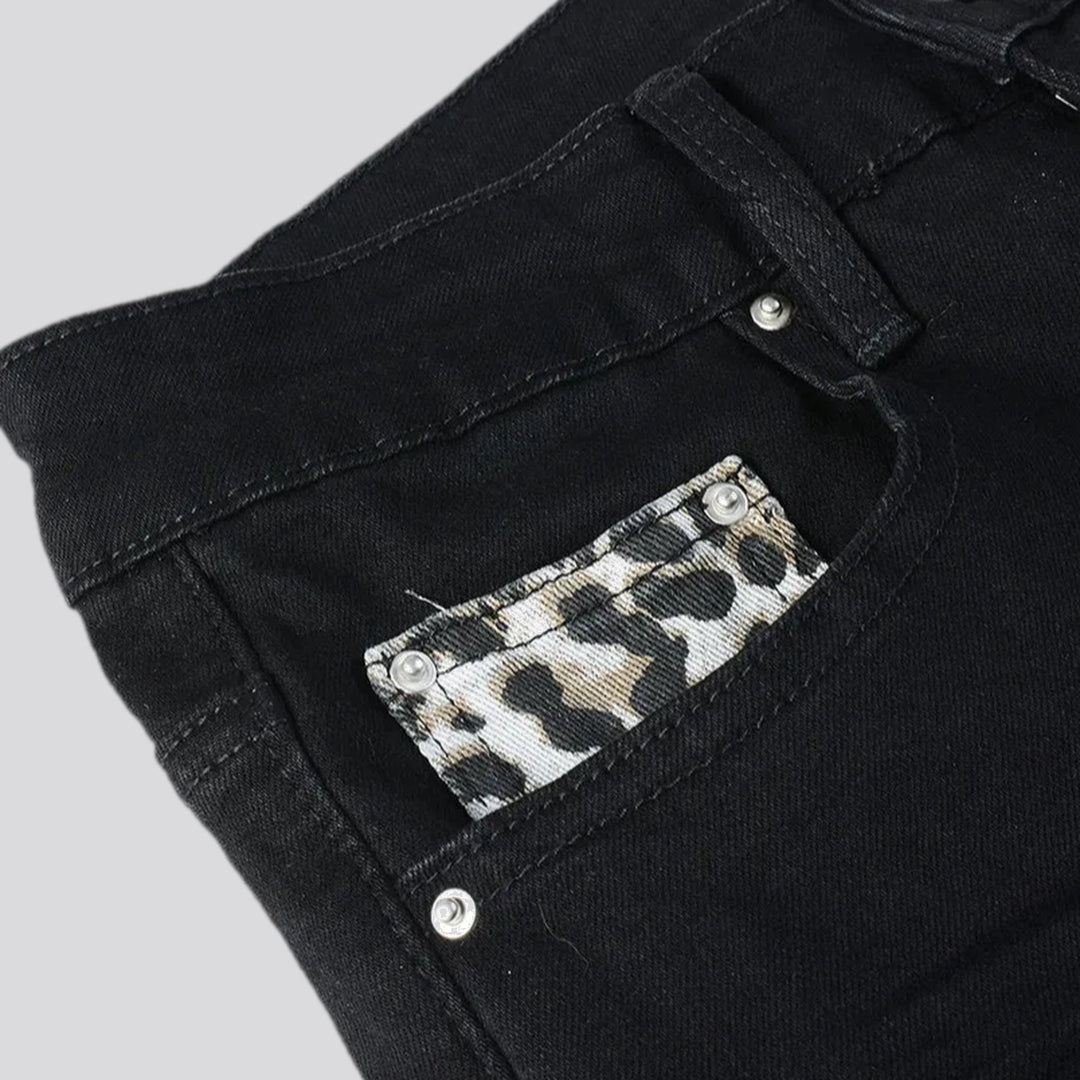 Mid rise biker style leopard moto men's jeans