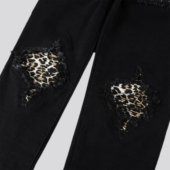 Mid rise biker style leopard moto men's jeans