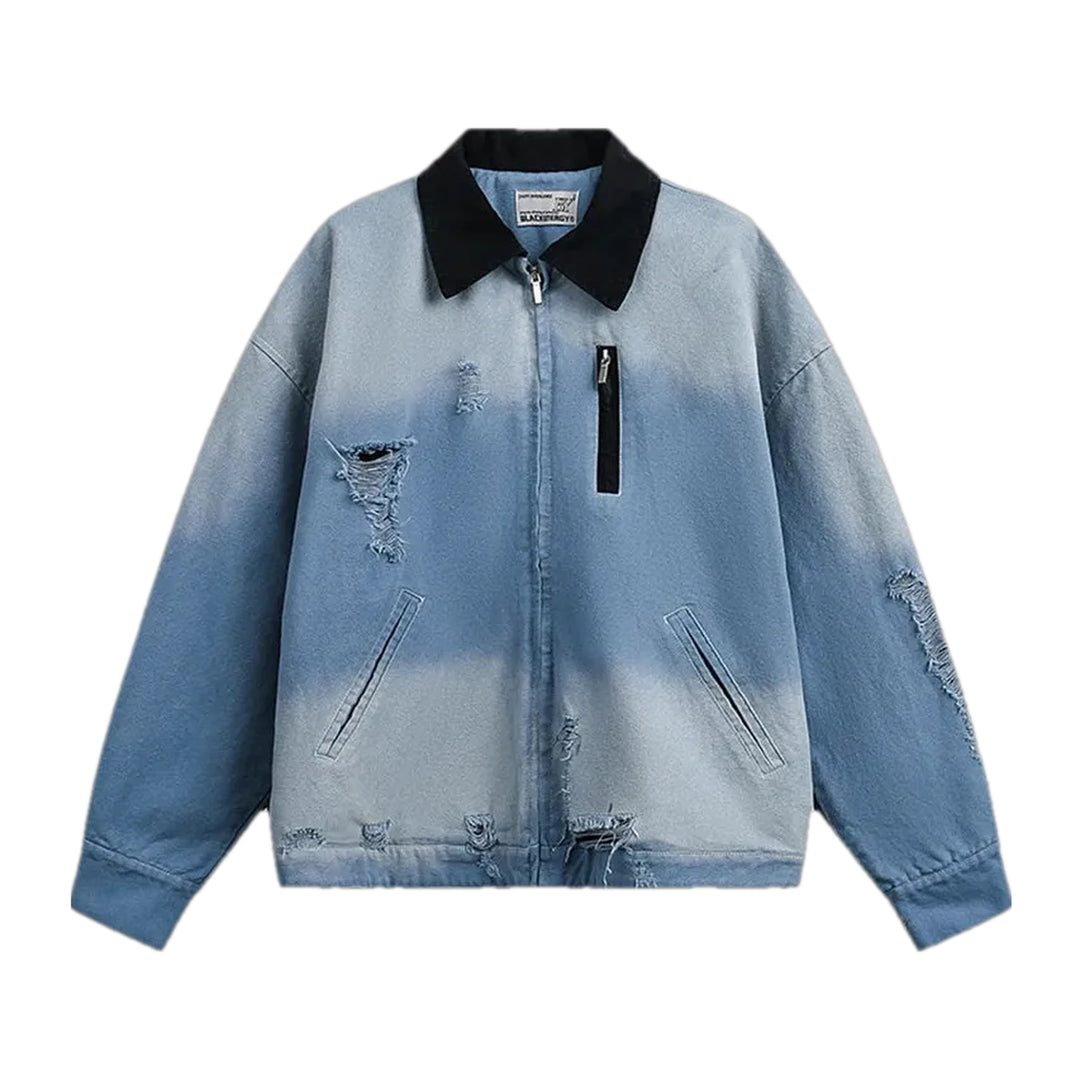 Grunge Style Extra-large Denim Jacket for Men - Light Blue