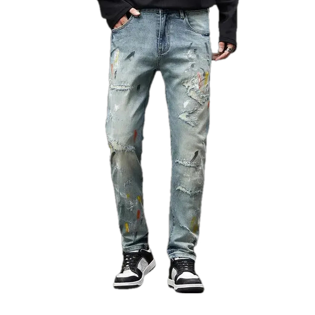 Distressed Art Style Jeans for Men - Light Blue