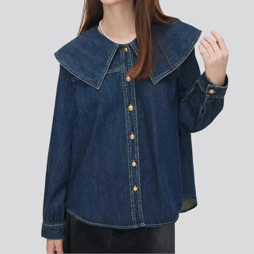 Trendy wide collar oversized women's jeans shirt