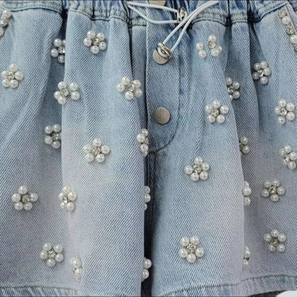 Small pearl embellished denim shorts
