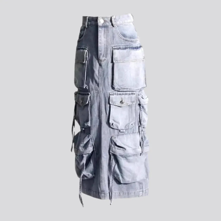 Maxi length cargo pockets jeans skirt