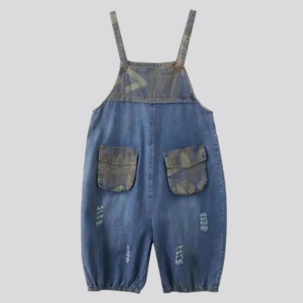 baggy, painted, patched, medium-wash, ripped, sanded, short, flap-pockets, suspenders, women's jumpsuit | Jeans4you.shop