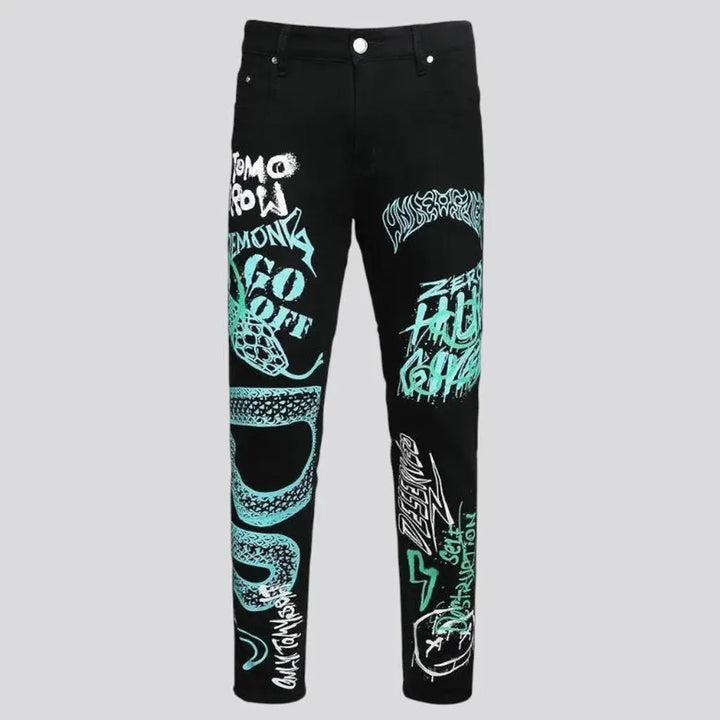 Mid waist graffiti snake design men's jeans