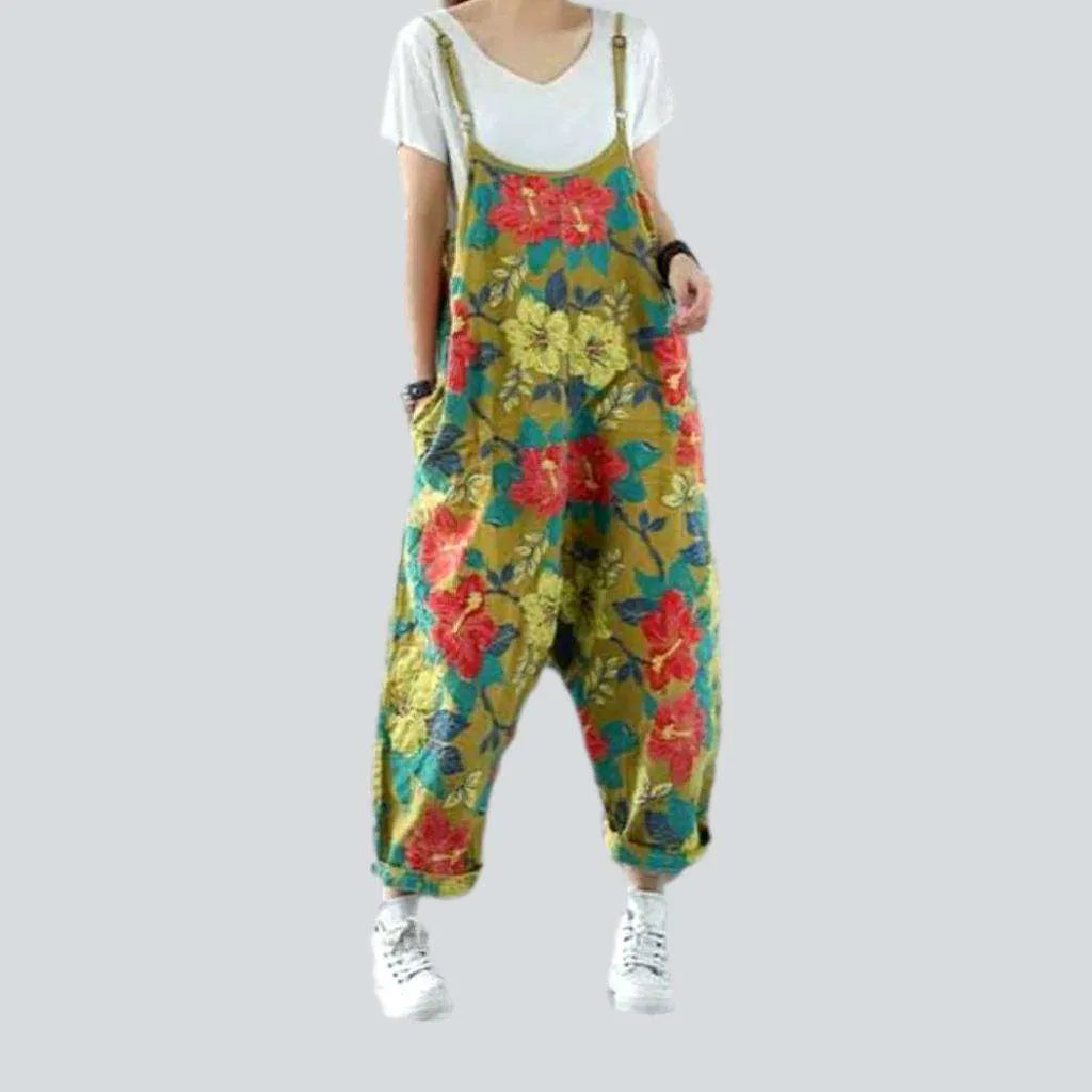 Floral print baggy denim jumpsuit