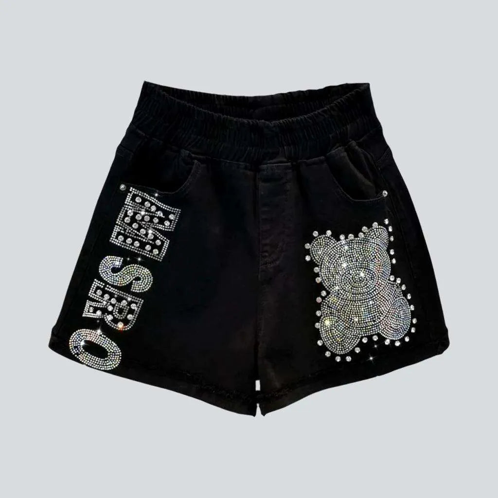 Black teddy rhinestone denim shorts | Jeans4you.shop
