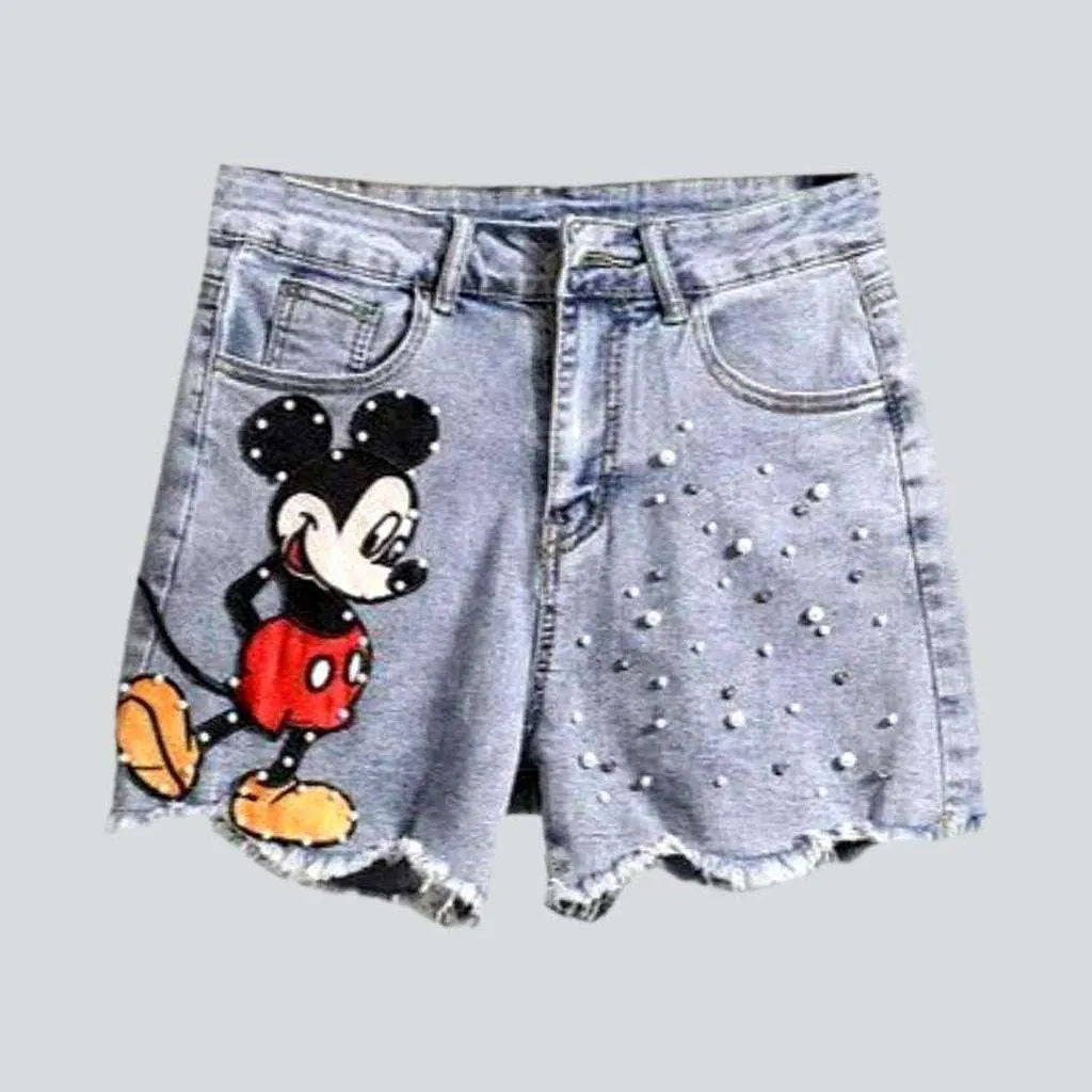 Cartoon embroidery pearl jean shorts | Jeans4you.shop