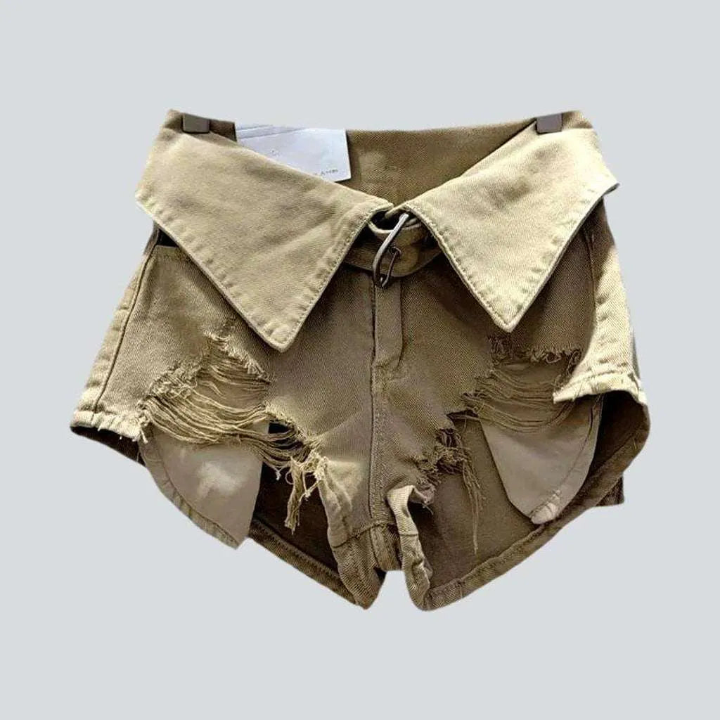Collar waistband distressed denim shorts | Jeans4you.shop