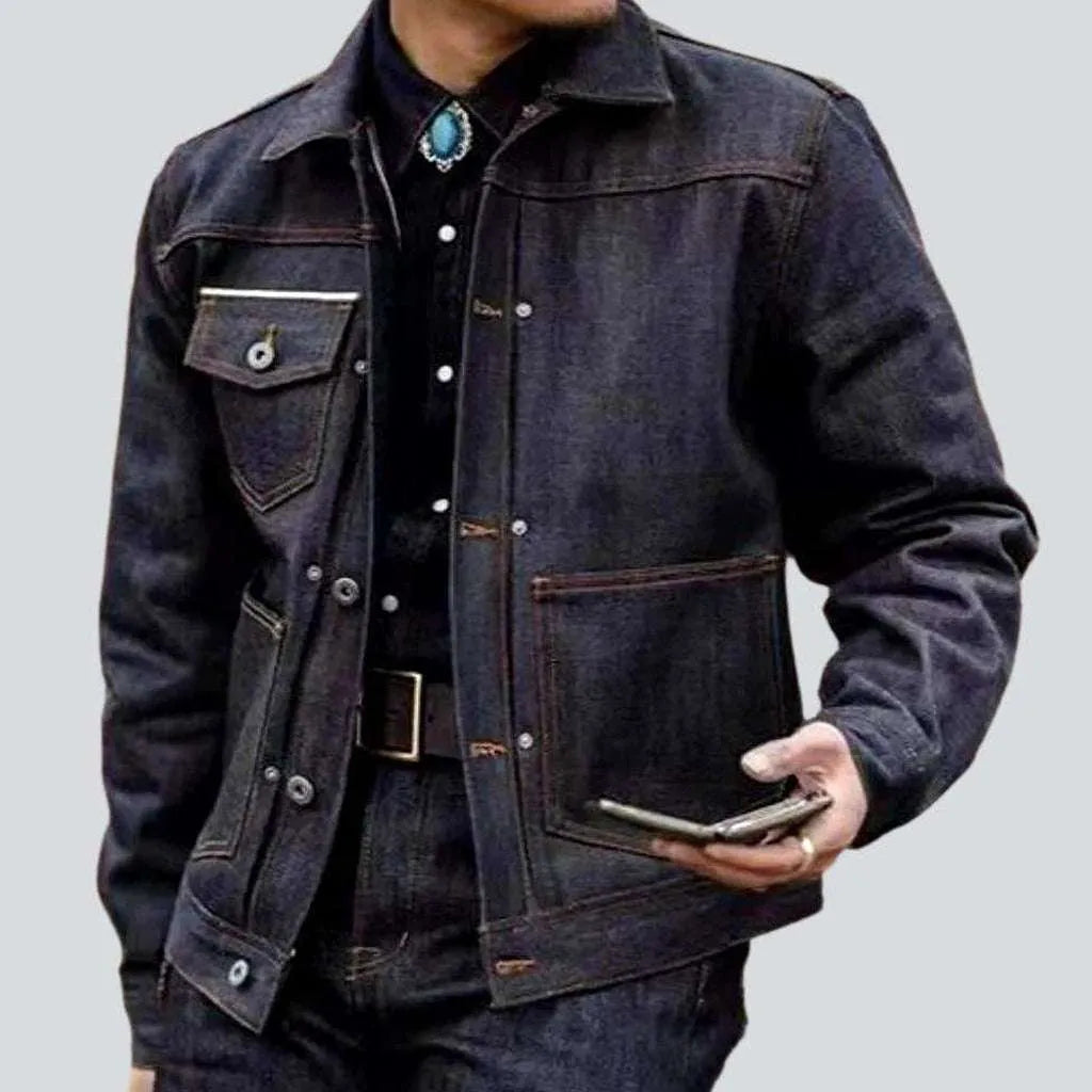 Contrast stitching raw men's jeans jacket | Jeans4you.shop