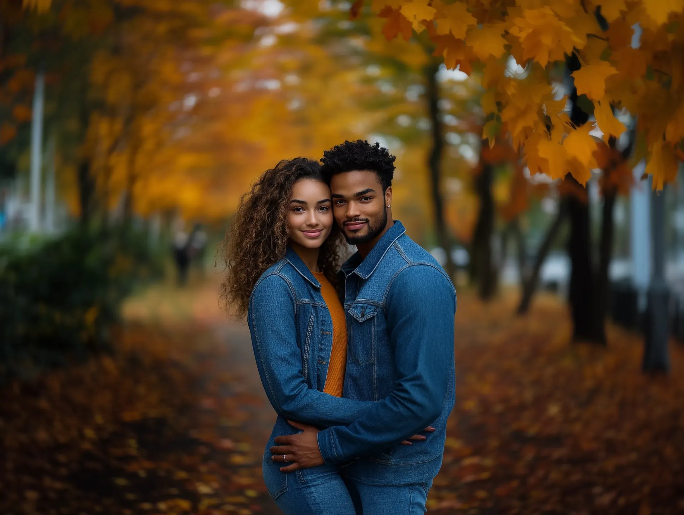 Mixed ethnicity couple in Toronto park, both dressed in denim, with autumn foliage.