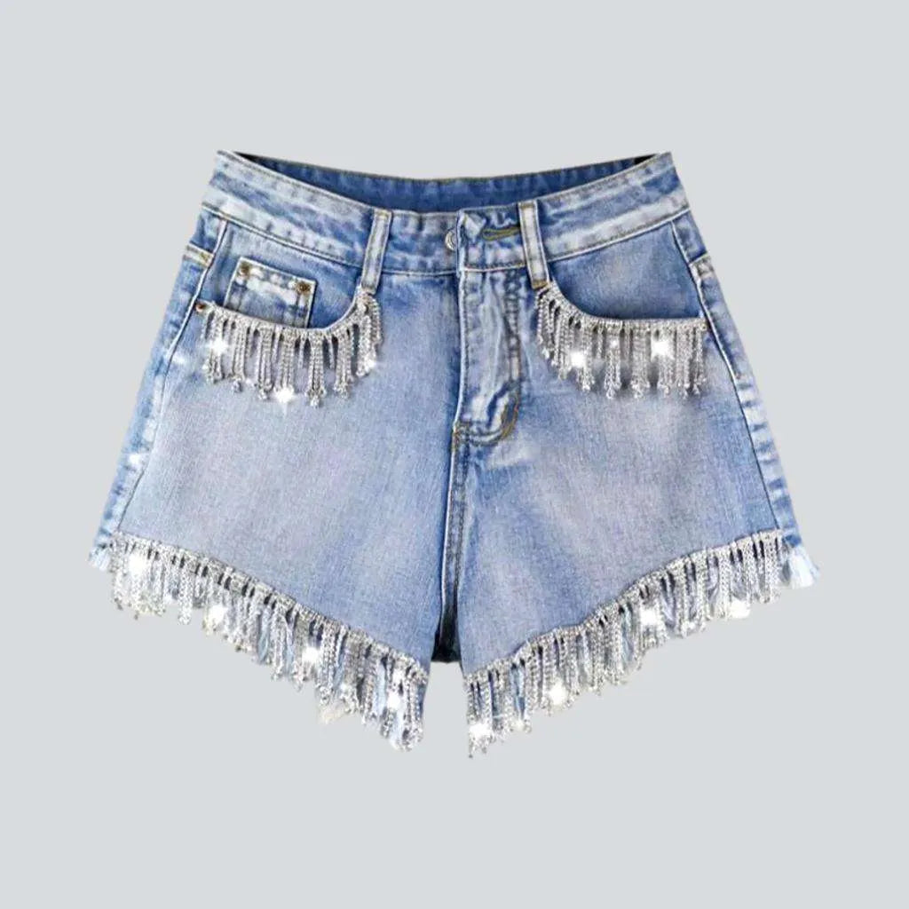 Diamond fringe embellished denim shorts | Jeans4you.shop