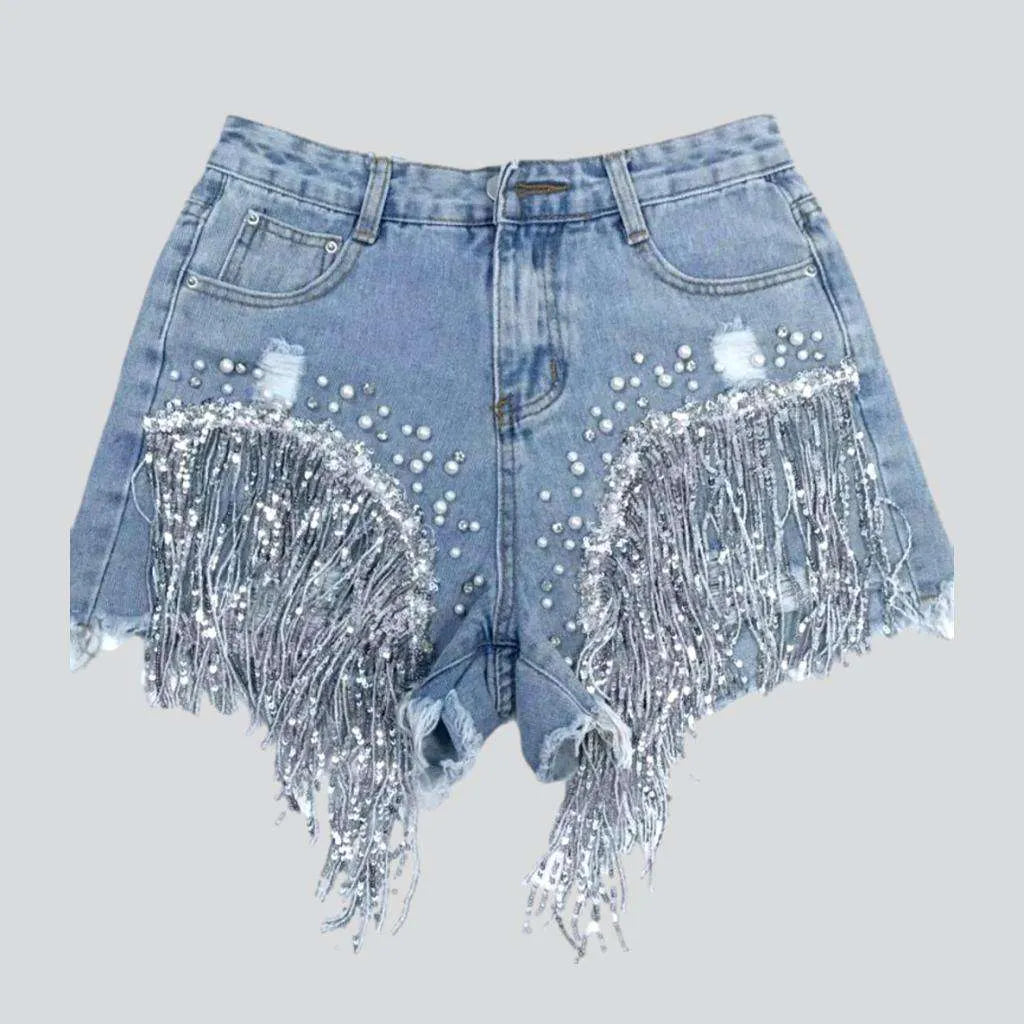 Diamond fringe leg denim shorts | Jeans4you.shop