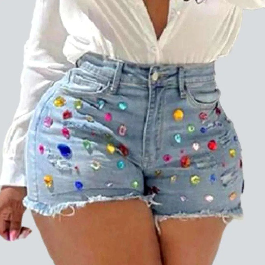 Distressed color rhinestone denim shorts | Jeans4you.shop