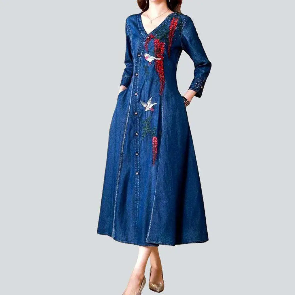 Embroidered v-neck ladies denim dress | Jeans4you.shop