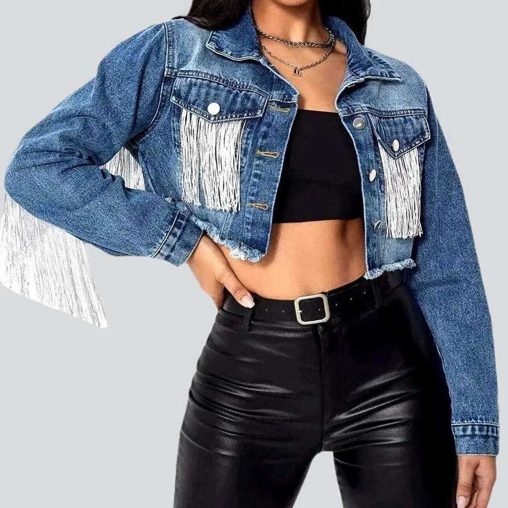 Fringe cropped women's denim jacket | Jeans4you.shop