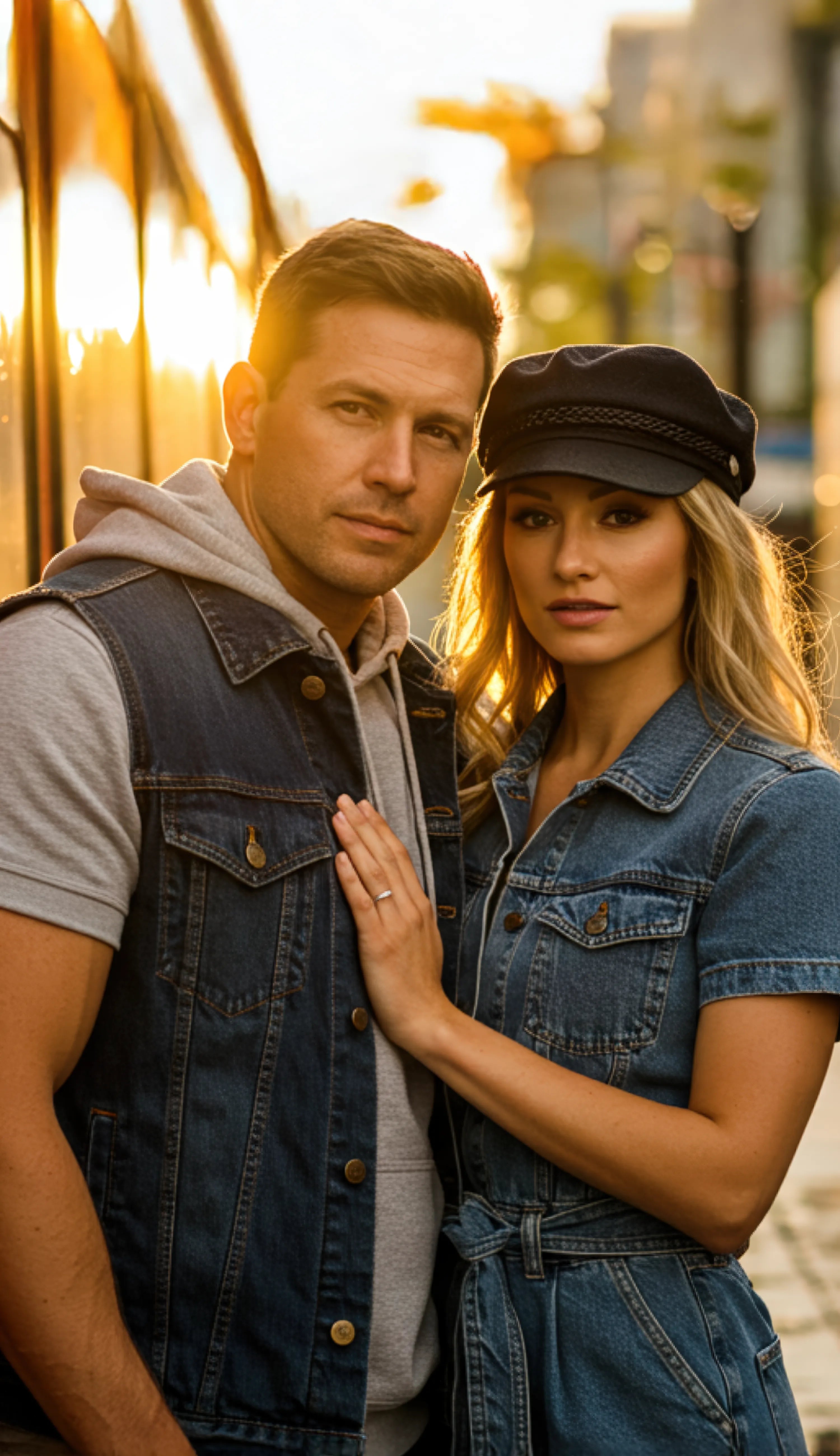A young couple stands close together against the side of a bright red streetcar or bus, framed by the warm glow of a setting sun.

The man, with short brown hair, wears a light gray hoodie under a sleeveless denim vest. He looks confidently into the camera. Beside him, the woman—blonde, wearing a short-sleeved denim jumpsuit and a black baker-boy cap—rests her hand, ring visible on her finger, gently on his chest.

Behind them, the wet pavement and a colorful graffiti mural down a narrow alley catch the gol