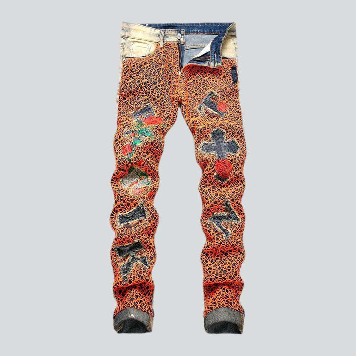 Orange all-over embroidery jeans | Jeans4you.shop