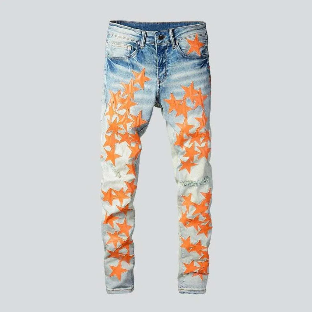 Orange stars embroidered men's jeans | Jeans4you.shop