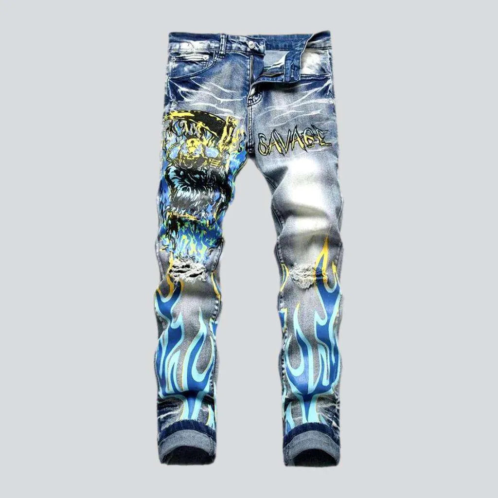 Ripped blue flame print jeans
 for men | Jeans4you.shop