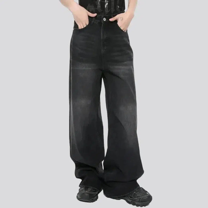 Floor-length whiskered jeans