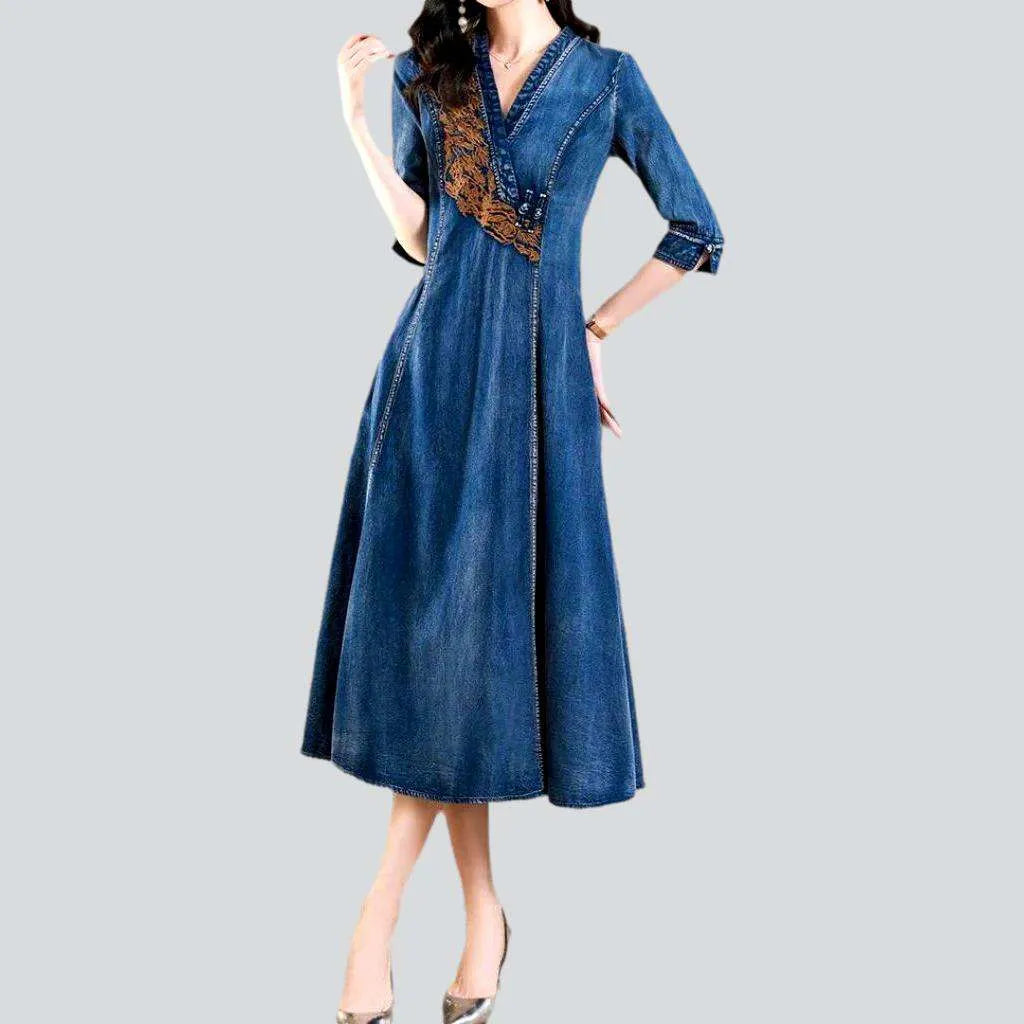 V-neck embroidered denim dress
 for ladies | Jeans4you.shop