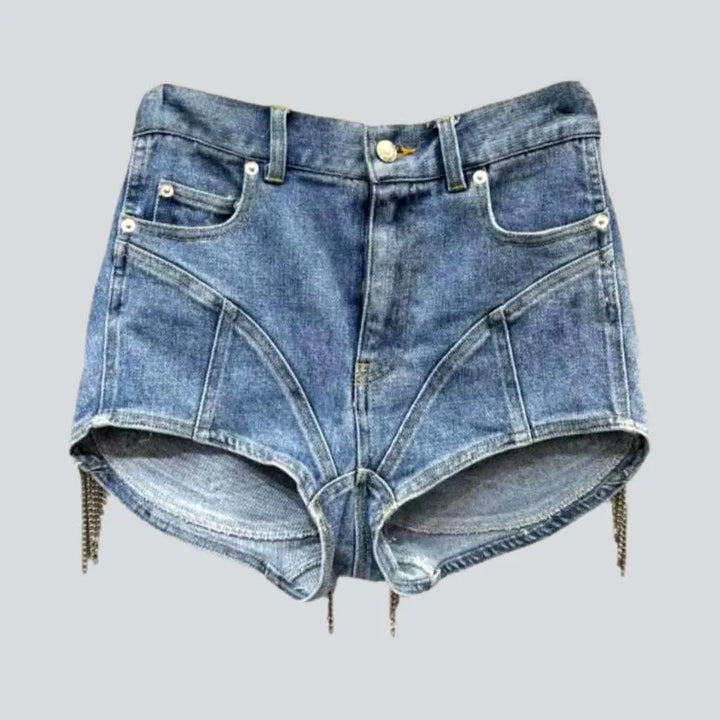 Fringe back pockets denim shorts