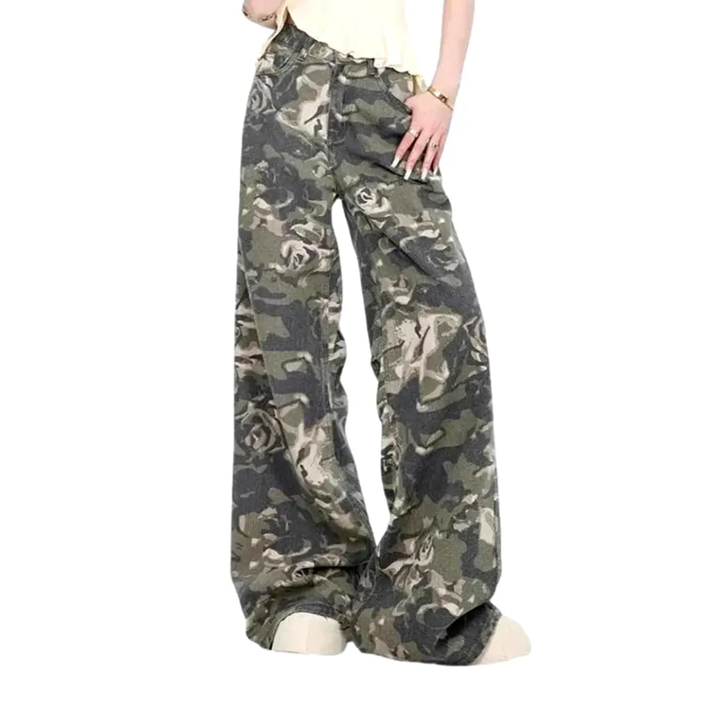 Multicolor Camouflage High Rise Women's Jeans - Khaki