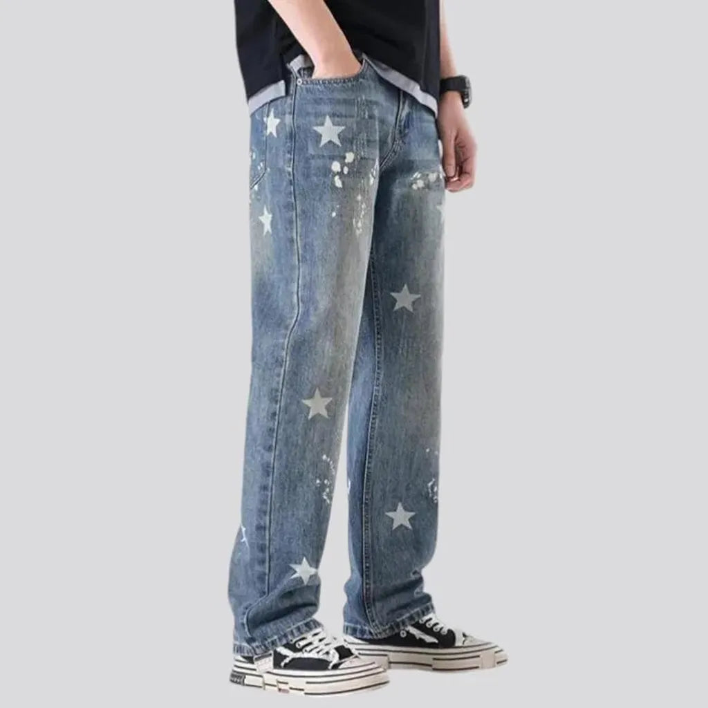 Whiskered boho style loose fit men's jeans