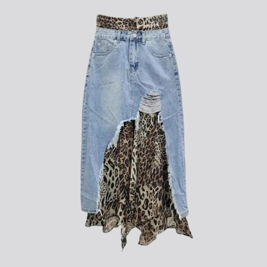 Distressed leopard print denim skirt