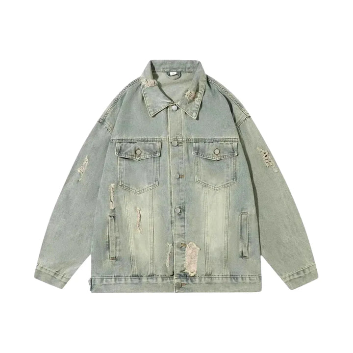 Grunge Style Medium Fit Men's Denim Jacket - Light Blue