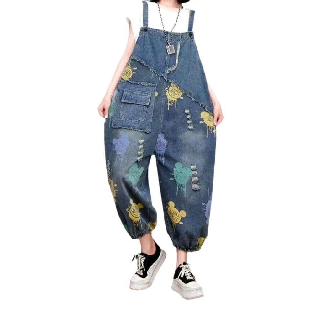 Baggy Painted Denim Overall for Ladies - Blue