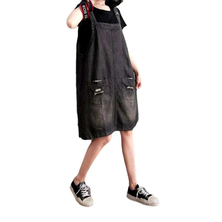 Baggy Ripped Jeans Overall Shorts for Ladies - Black